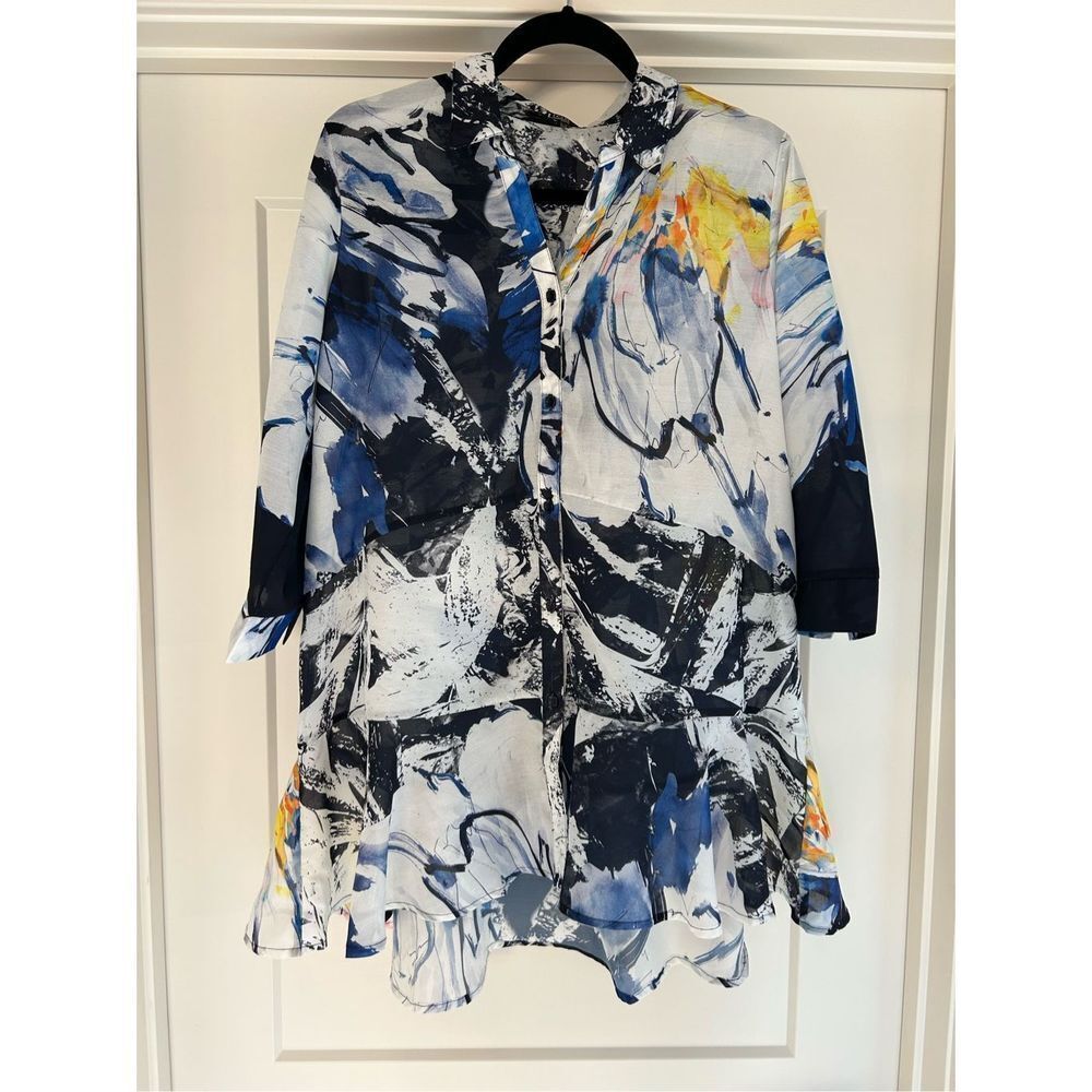 Lior Paris button down peplum shirt blue white black abstract print small art to